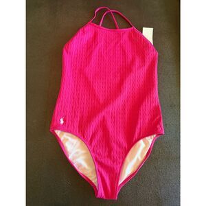 Polo Ralph Lauren Girls Bright Pink Mini Cable One-Piece Swimsuit NWT size 16